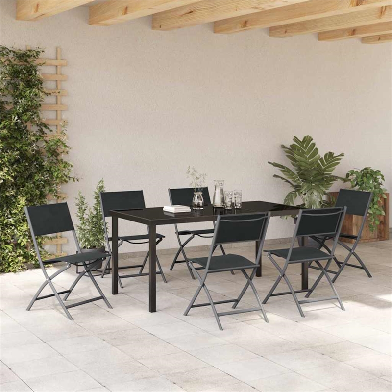 vidaXL 7 Piece Powder-Coated Steel Garden Dining Set in Black