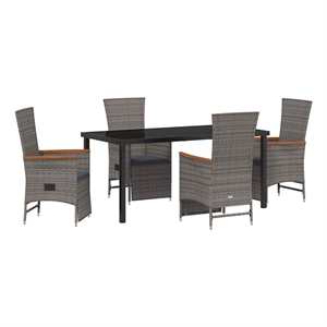 vidaXL 5 Piece Poly Rattan Garden Dining Set with Cushions in Grey