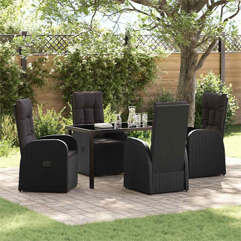 vidaXL 5 Piece Poly Rattan Garden Dining Set with Cushions in Black