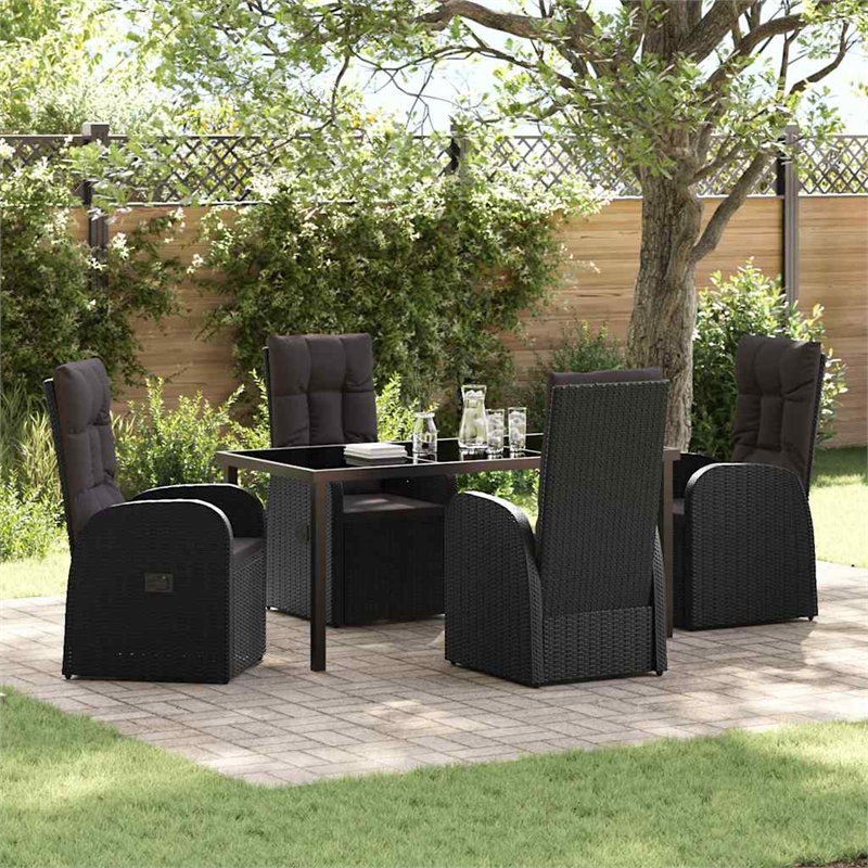 vidaXL 5 Piece Poly Rattan Garden Dining Set with Cushions in Black