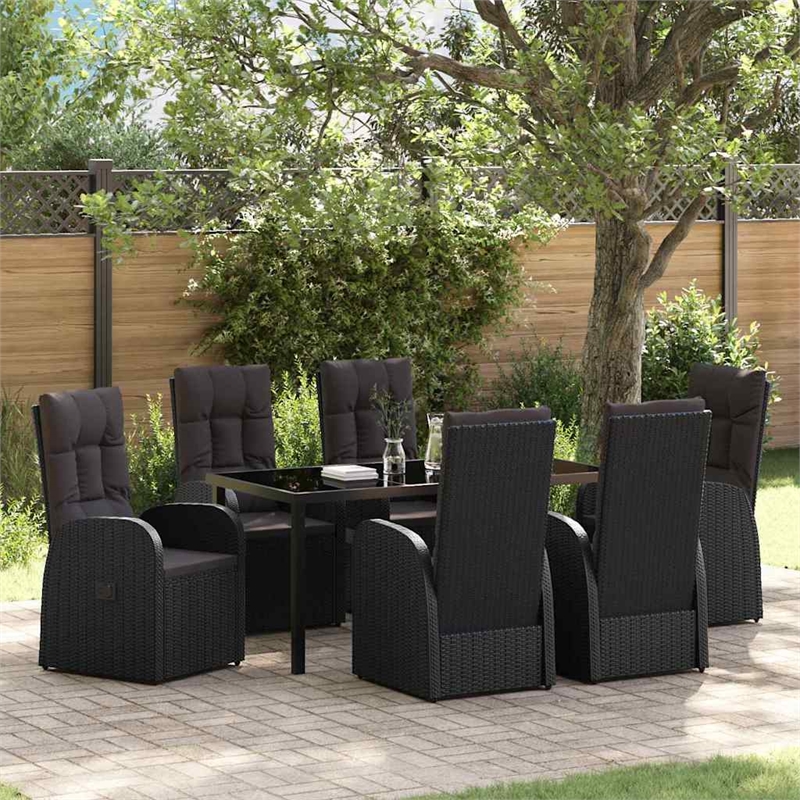 vidaXL 7 Piece Poly Rattan Garden Dining Set with Cushions in Black