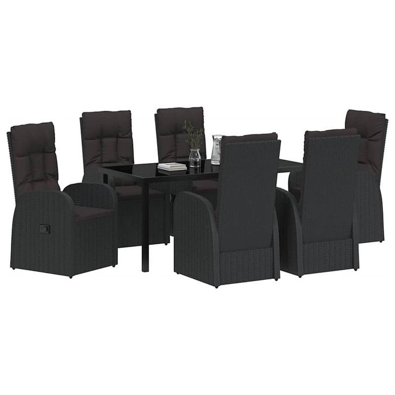vidaXL 7 Piece Poly Rattan Garden Dining Set with Cushions in Black