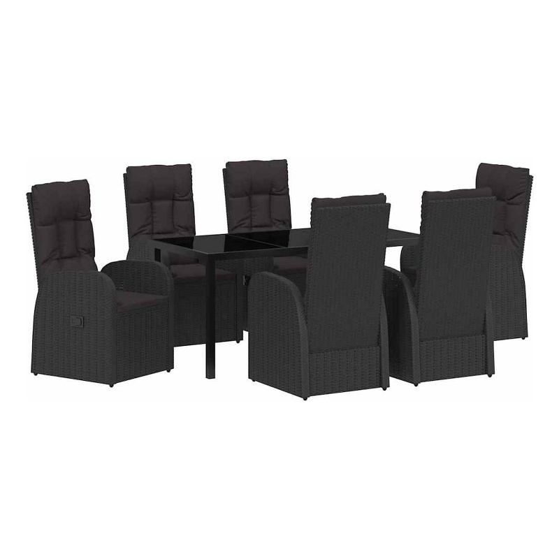 vidaXL 7 Piece Poly Rattan Garden Dining Set with Cushions in Black