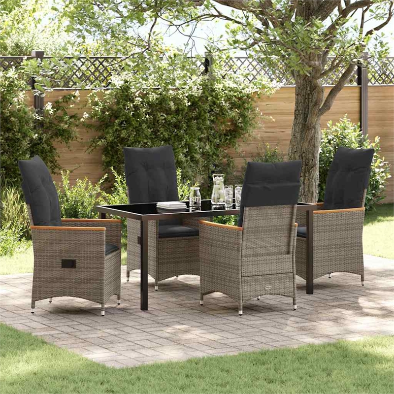vidaXL 5 Piece Poly Rattan Garden Dining Set with Cushions in Grey