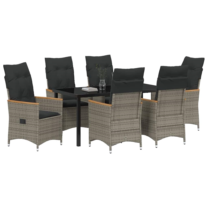 vidaXL 7 Piece Poly Rattan Garden Dining Set with Cushions in Grey