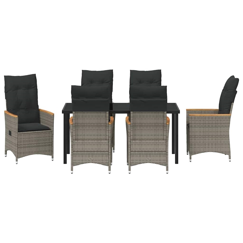 vidaXL 7 Piece Poly Rattan Garden Dining Set with Cushions in Grey