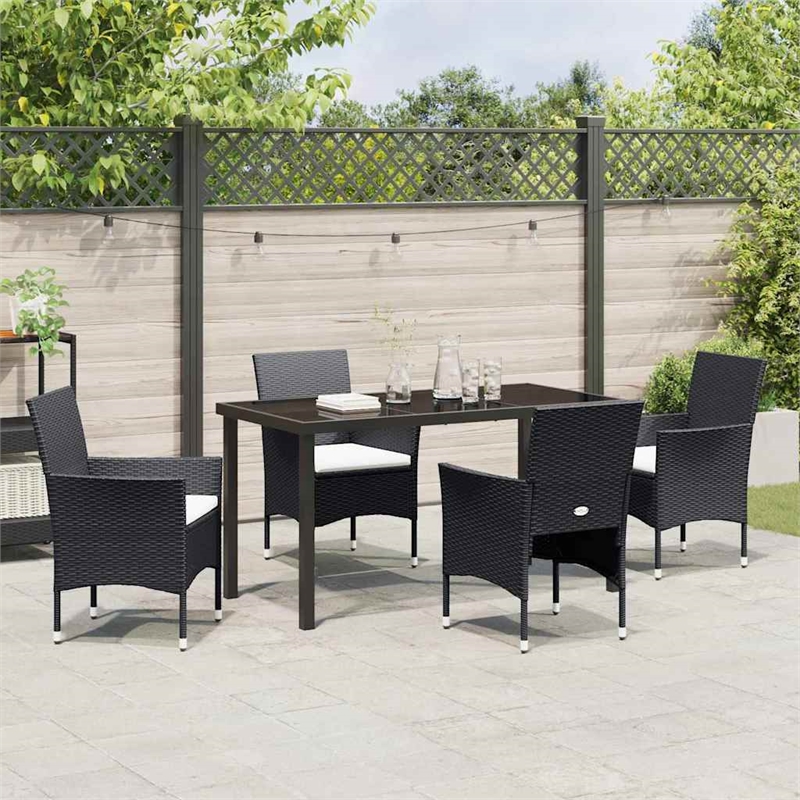 vidaXL 5 Piece Poly Rattan Garden Dining Set with Cushions in Black