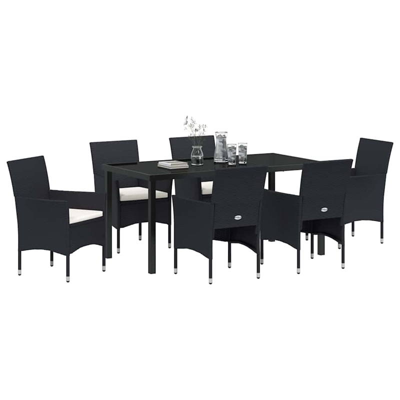 vidaXL 7 Piece Poly Rattan Garden Dining Set with Cushions in Black