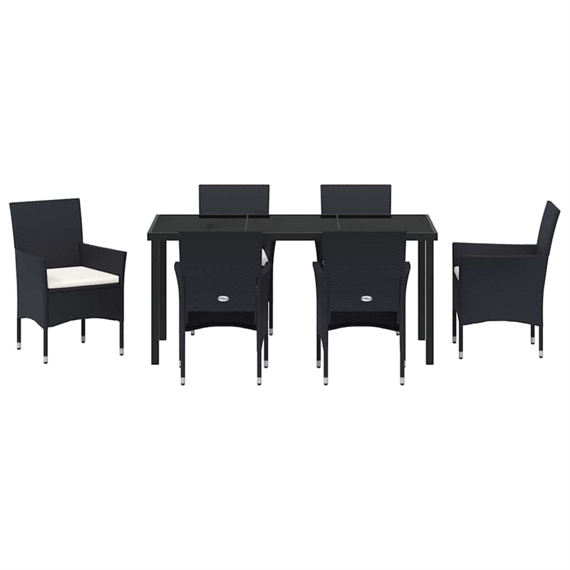 vidaXL 7 Piece Poly Rattan Garden Dining Set with Cushions in Black