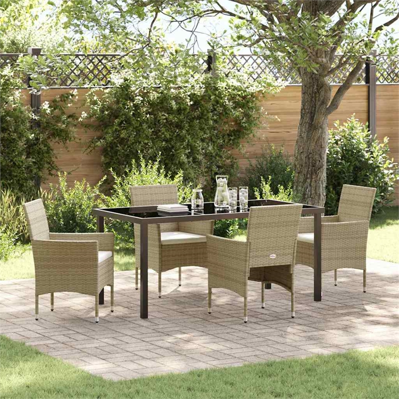 vidaXL 5 Piece Poly Rattan Garden Dining Set with Cushions in Beige