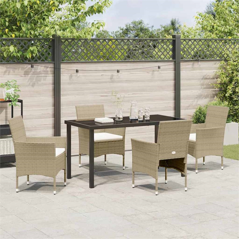 vidaXL 5 Piece Poly Rattan Garden Dining Set with Cushions in Beige