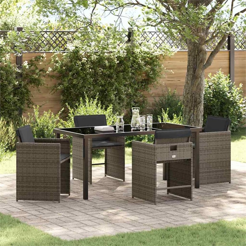 vidaXL 5 Piece Poly Rattan Garden Dining Set with Cushions in Grey