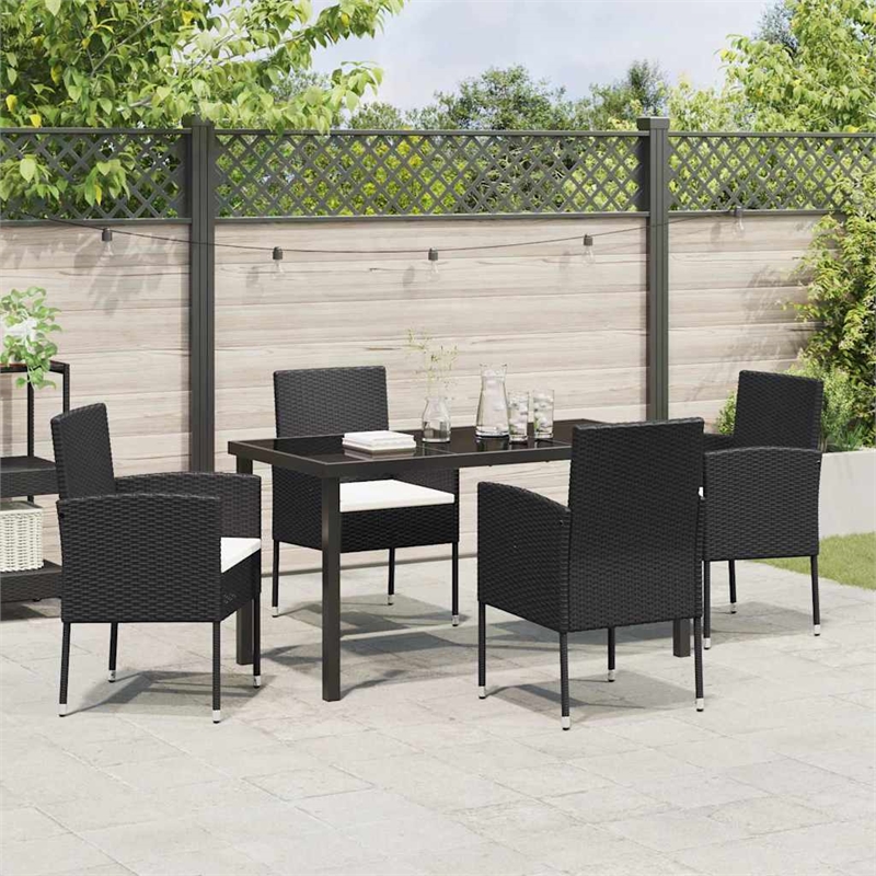 vidaXL 5 Piece Poly Rattan Garden Dining Set with Cushions in Black