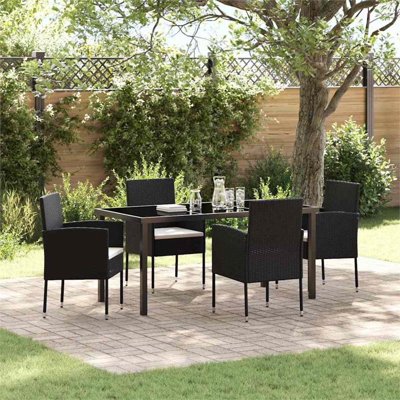 vidaXL 5 Piece Poly Rattan Garden Dining Set with Cushions in Black