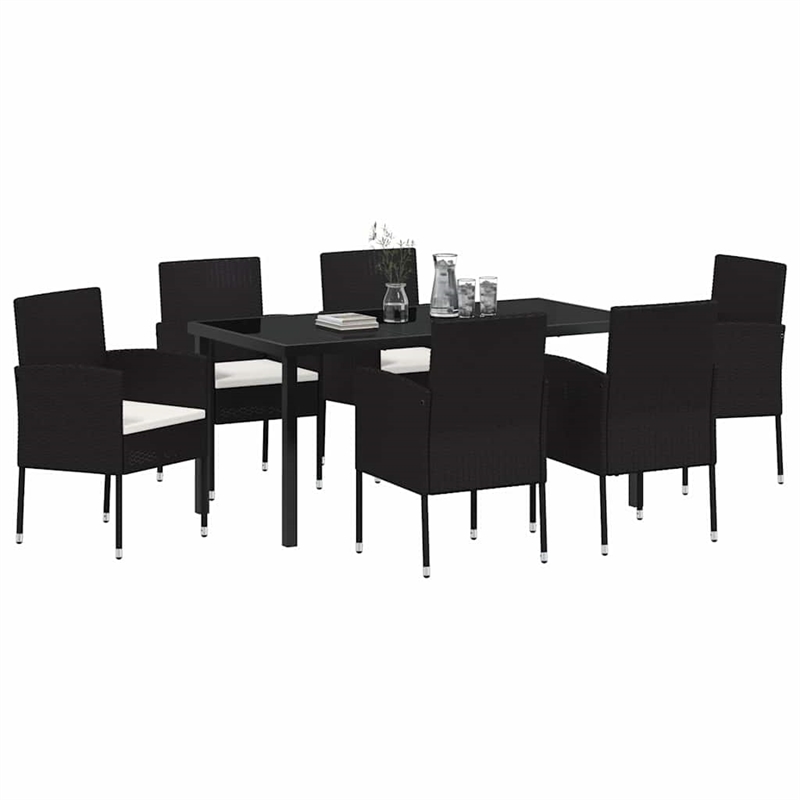 vidaXL 7 Piece Poly Rattan Garden Dining Set with Cushions in Black