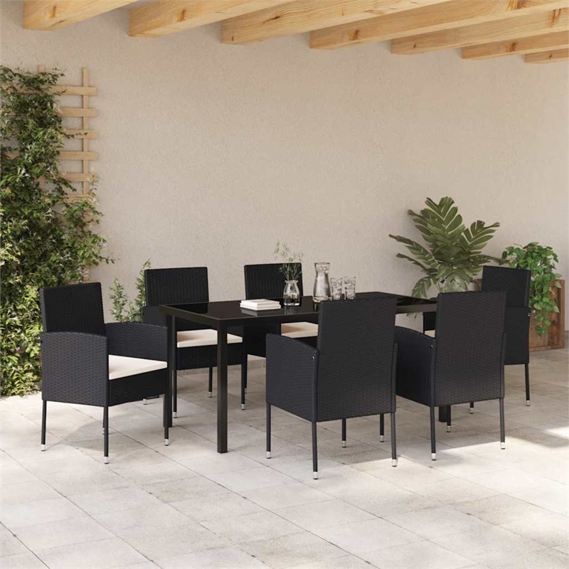 vidaXL 7 Piece Poly Rattan Garden Dining Set with Cushions in Black