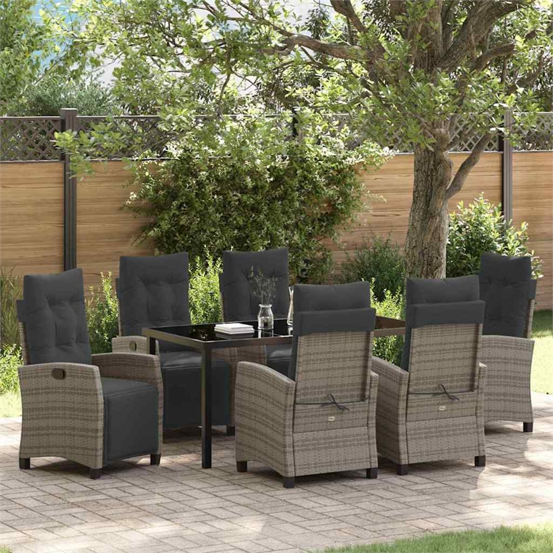 vidaXL 7 Piece Poly Rattan Garden Dining Set with Cushions in Grey