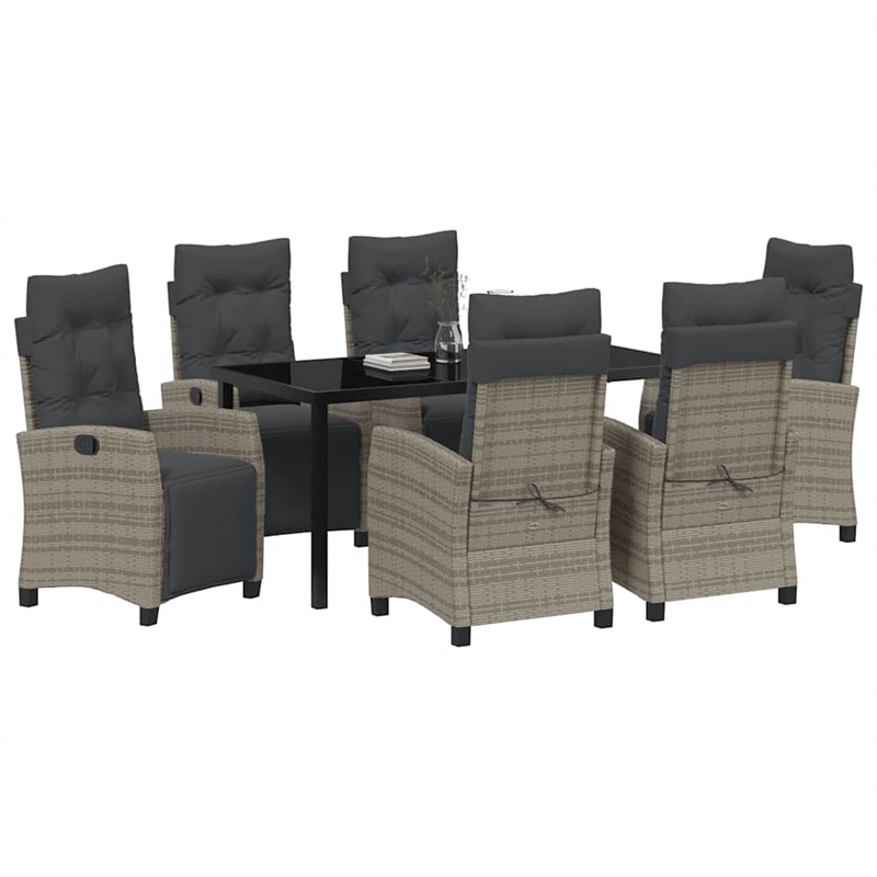 vidaXL 7 Piece Poly Rattan Garden Dining Set with Cushions in Grey