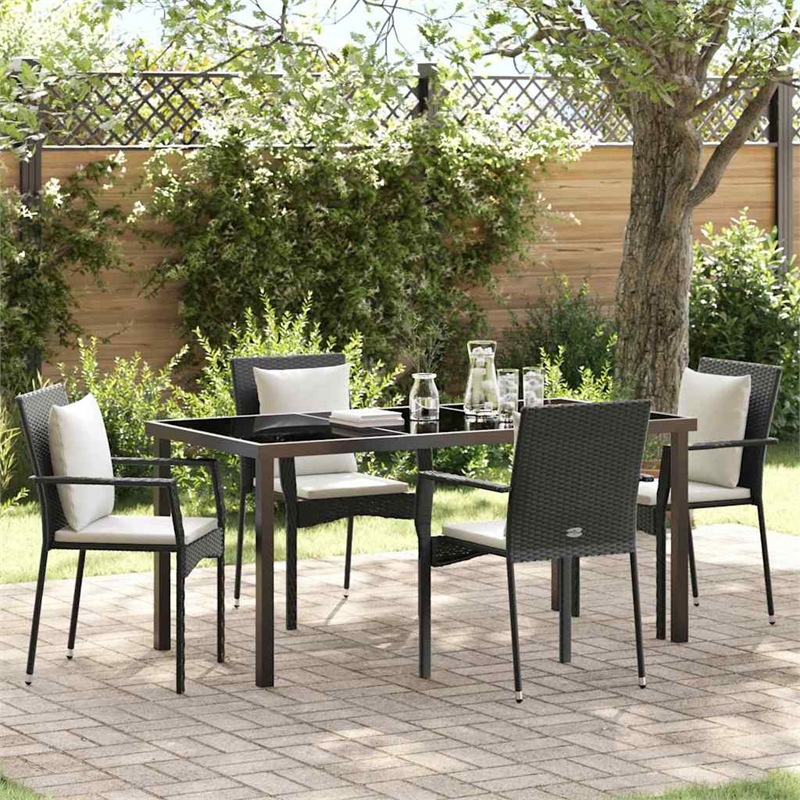 vidaXL 5 Piece Poly Rattan Garden Dining Set with Cushions in Black