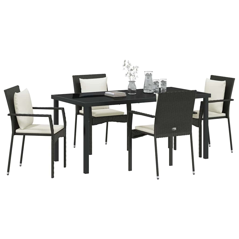 vidaXL 5 Piece Poly Rattan Garden Dining Set with Cushions in Black