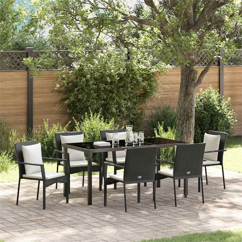 vidaXL 7 Piece Poly Rattan Garden Dining Set with Cushions in Black