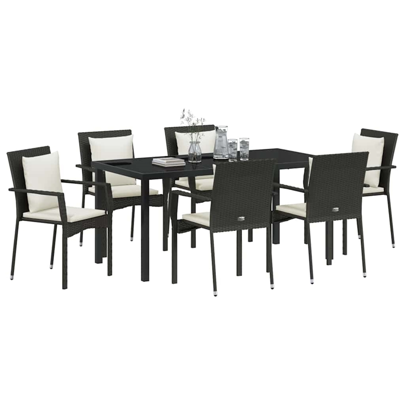 vidaXL 7 Piece Poly Rattan Garden Dining Set with Cushions in Black