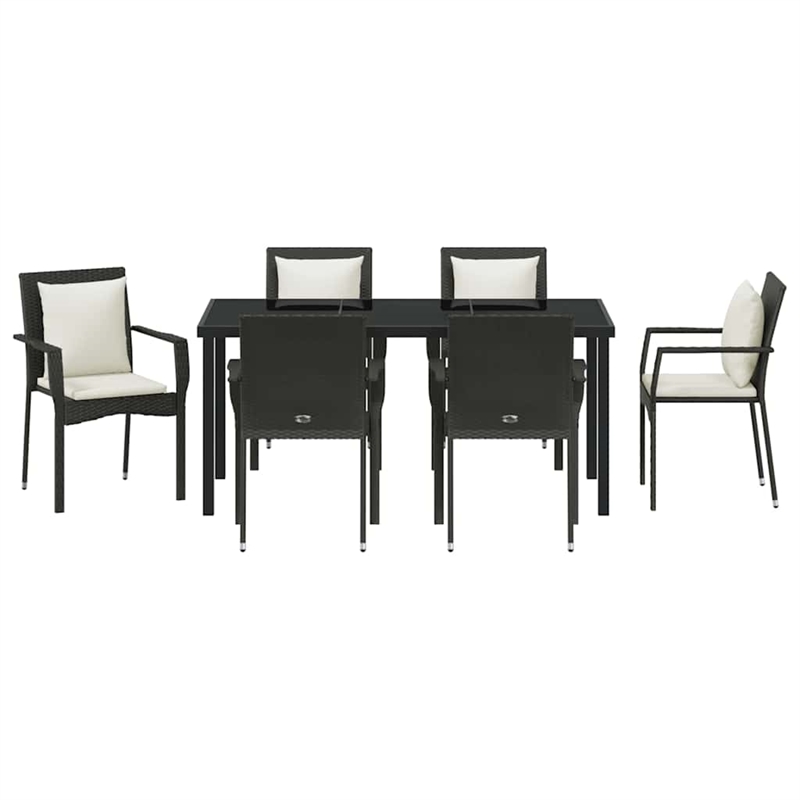 vidaXL 7 Piece Poly Rattan Garden Dining Set with Cushions in Black