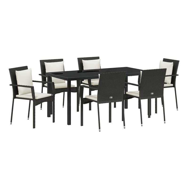 vidaXL 7 Piece Poly Rattan Garden Dining Set with Cushions in Black