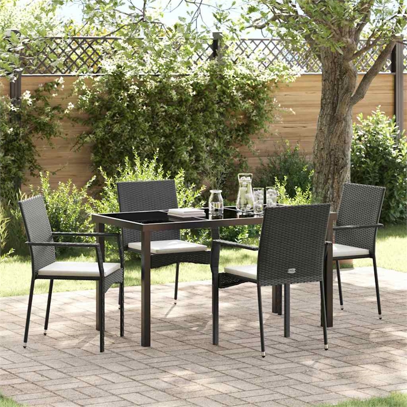vidaXL 5 Piece Poly Rattan Garden Dining Set with Cushions in Black