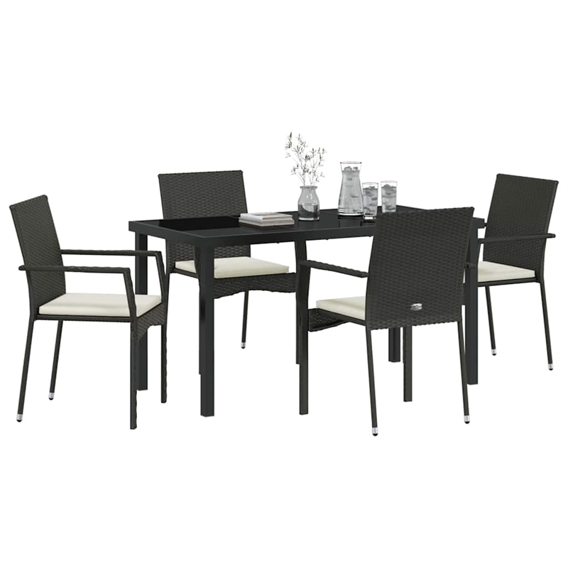 vidaXL 5 Piece Poly Rattan Garden Dining Set with Cushions in Black