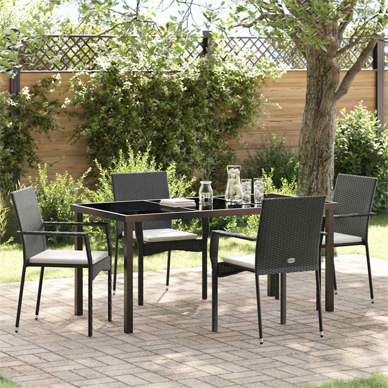 vidaXL 5 Piece Poly Rattan Garden Dining Set with Cushions in Black