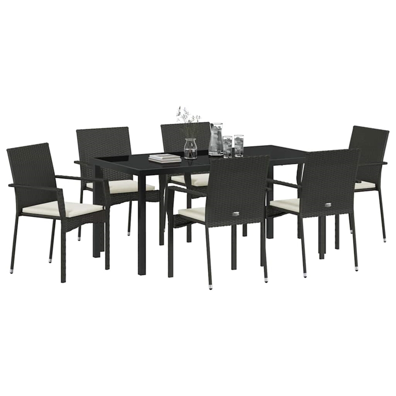 vidaXL 7 Piece Poly Rattan Garden Dining Set with Cushions in Black