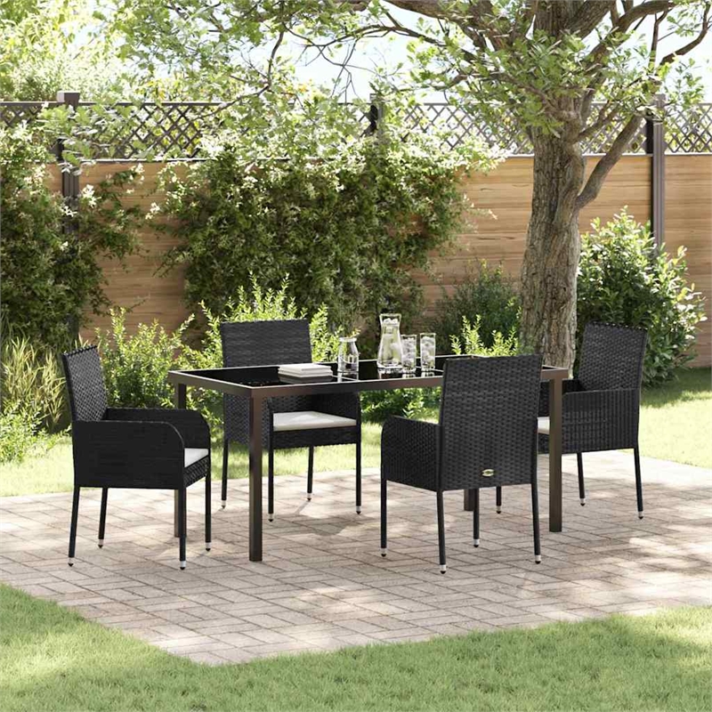 vidaXL 5 Piece Poly Rattan Garden Dining Set with Cushions in Black
