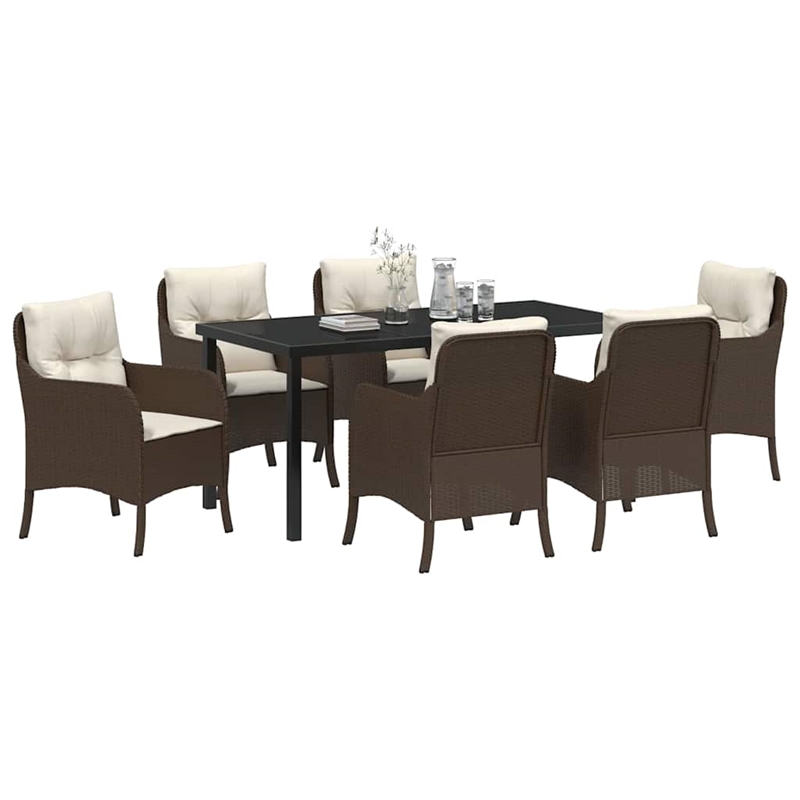 vidaXL 7 Piece Poly Rattan Garden Dining Set with Cushions in Brown
