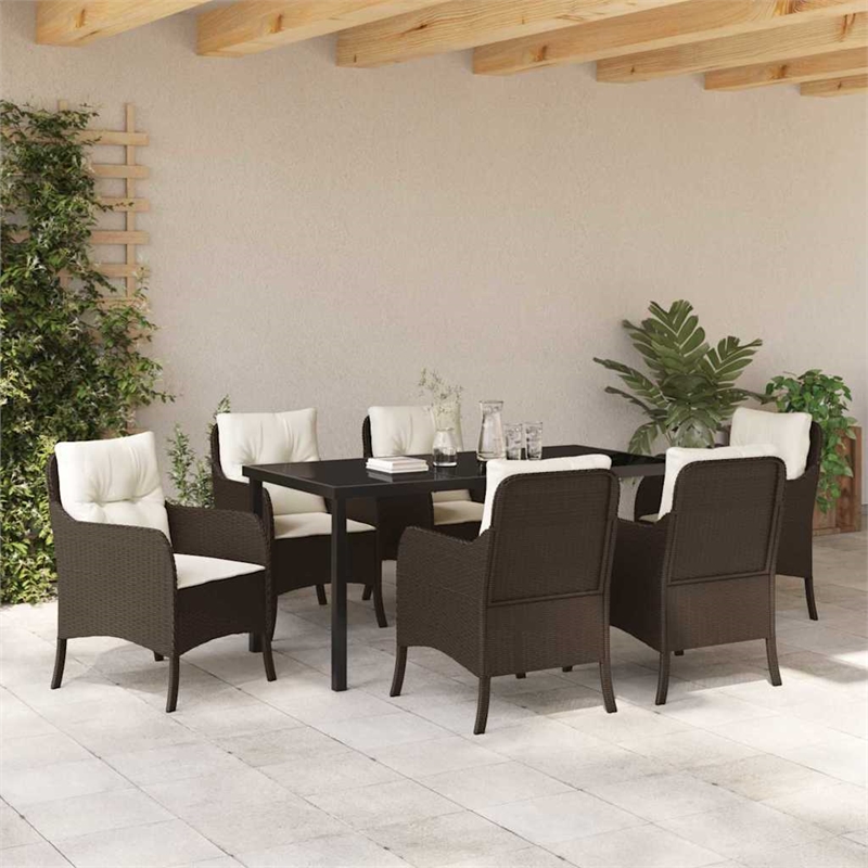 vidaXL 7 Piece Poly Rattan Garden Dining Set with Cushions in Brown