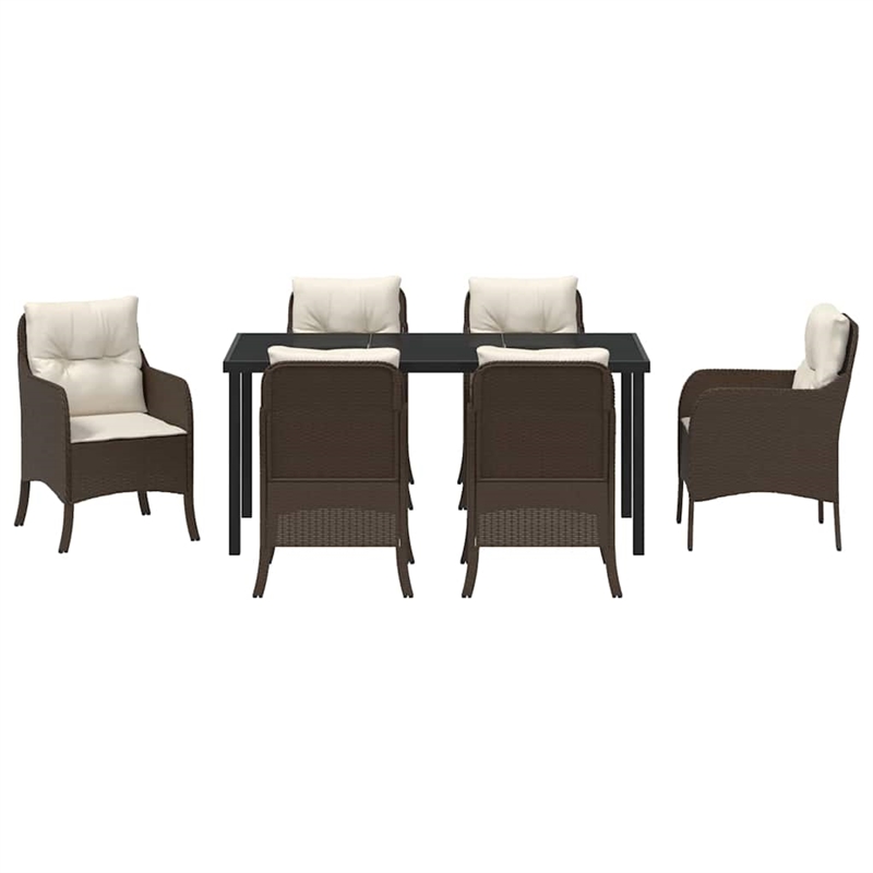 vidaXL 7 Piece Poly Rattan Garden Dining Set with Cushions in Brown