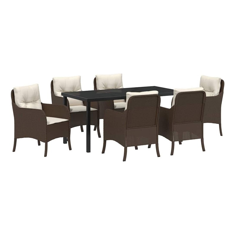 vidaXL 7 Piece Poly Rattan Garden Dining Set with Cushions in Brown
