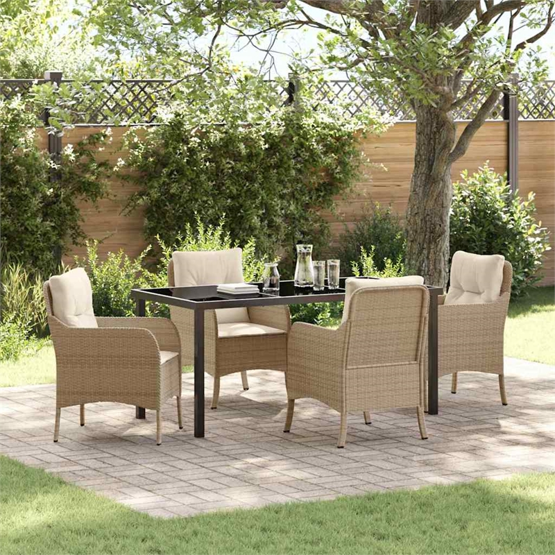 vidaXL 5 Piece Poly Rattan Garden Dining Set with Cushions in Beige