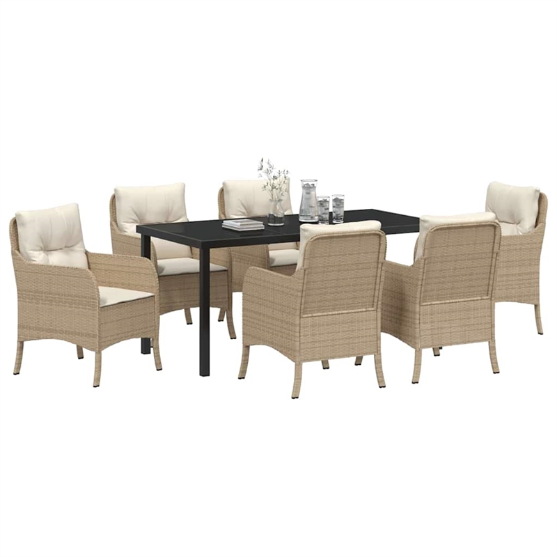 vidaXL 7 Piece Poly Rattan Garden Dining Set with Cushions in Beige