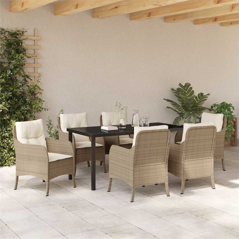 vidaXL 7 Piece Poly Rattan Garden Dining Set with Cushions in Beige