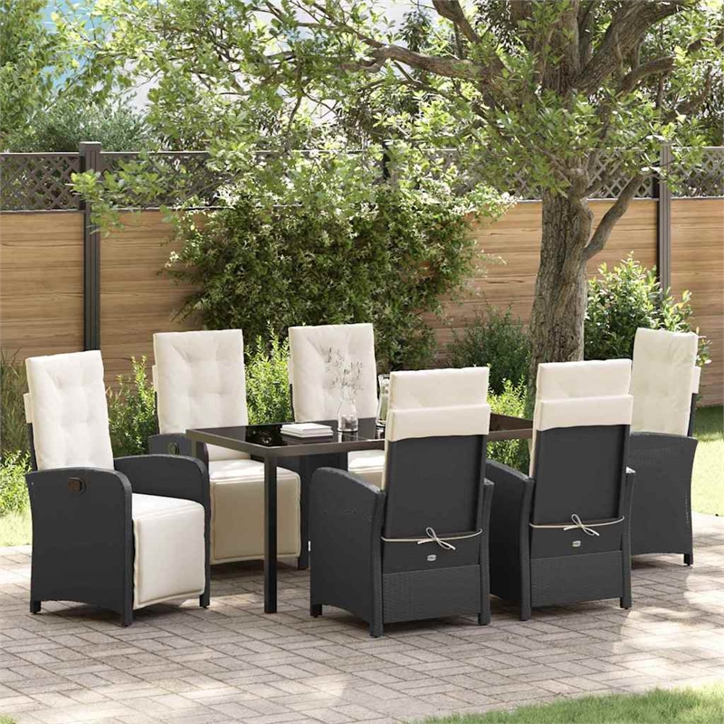 vidaXL 7 Piece Poly Rattan Garden Dining Set with Cushions in Black