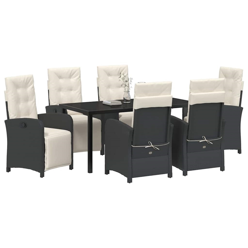 vidaXL 7 Piece Poly Rattan Garden Dining Set with Cushions in Black