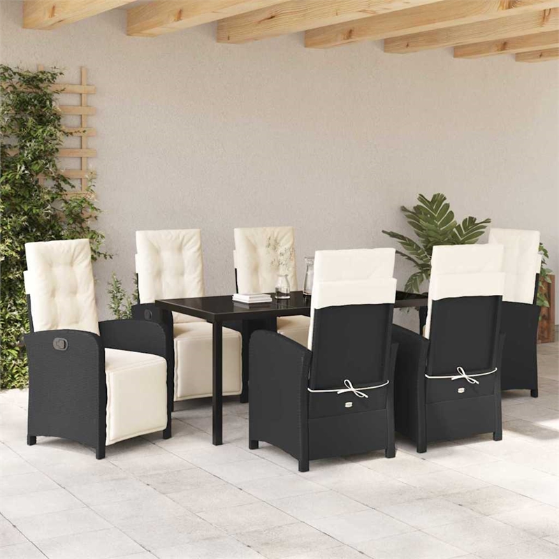 vidaXL 7 Piece Poly Rattan Garden Dining Set with Cushions in Black