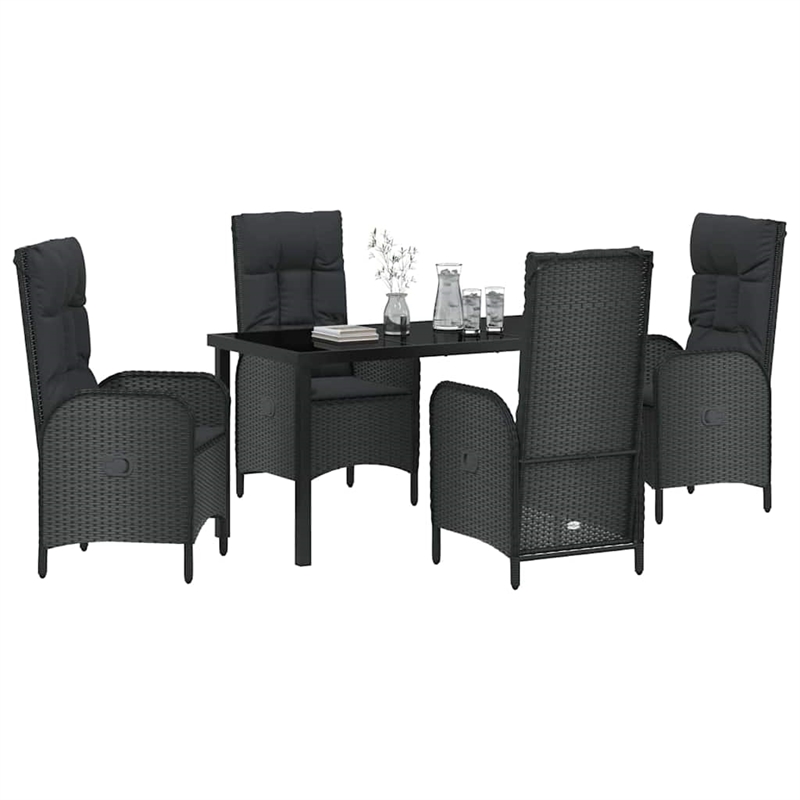 vidaXL 5 Piece Poly Rattan Garden Dining Set with Cushions in Black