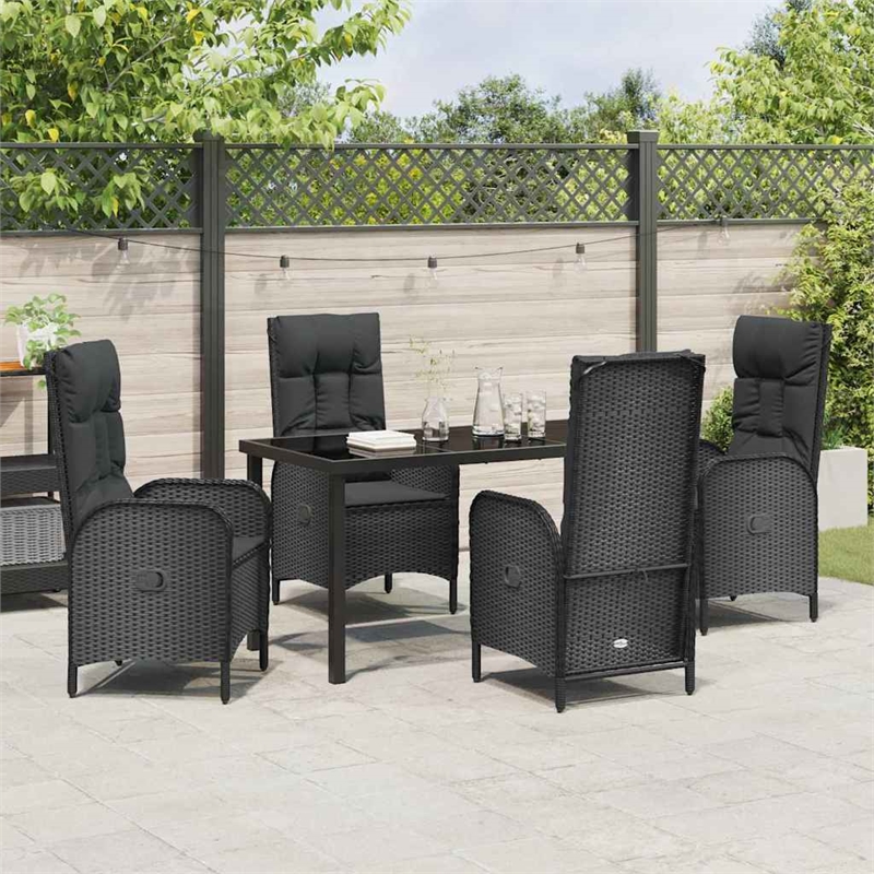 vidaXL 5 Piece Poly Rattan Garden Dining Set with Cushions in Black