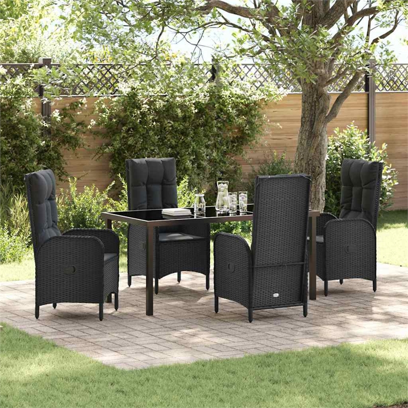 vidaXL 5 Piece Poly Rattan Garden Dining Set with Cushions in Black