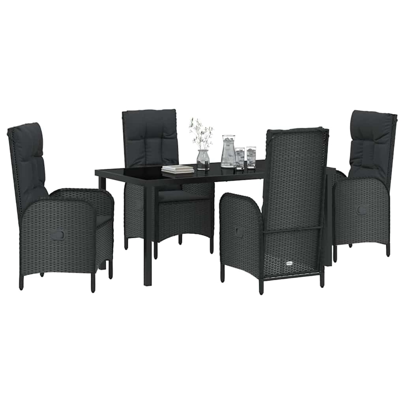 vidaXL 5 Piece Poly Rattan Garden Dining Set with Cushions in Black