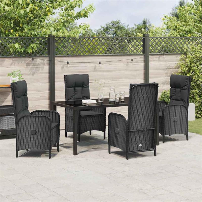 vidaXL 5 Piece Poly Rattan Garden Dining Set with Cushions in Black