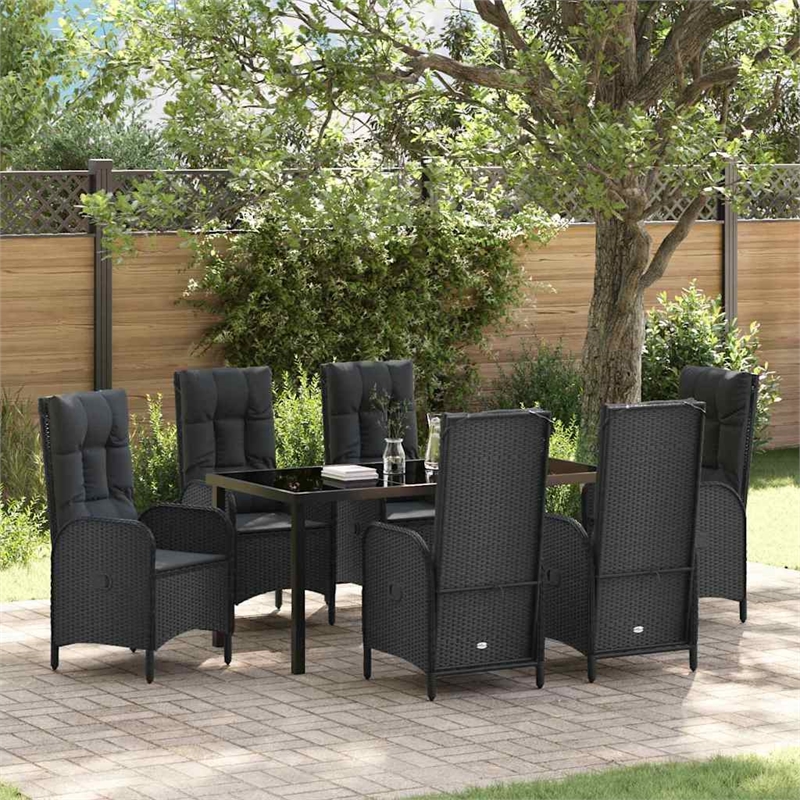 vidaXL 7 Piece Poly Rattan Garden Dining Set with Cushions in Black