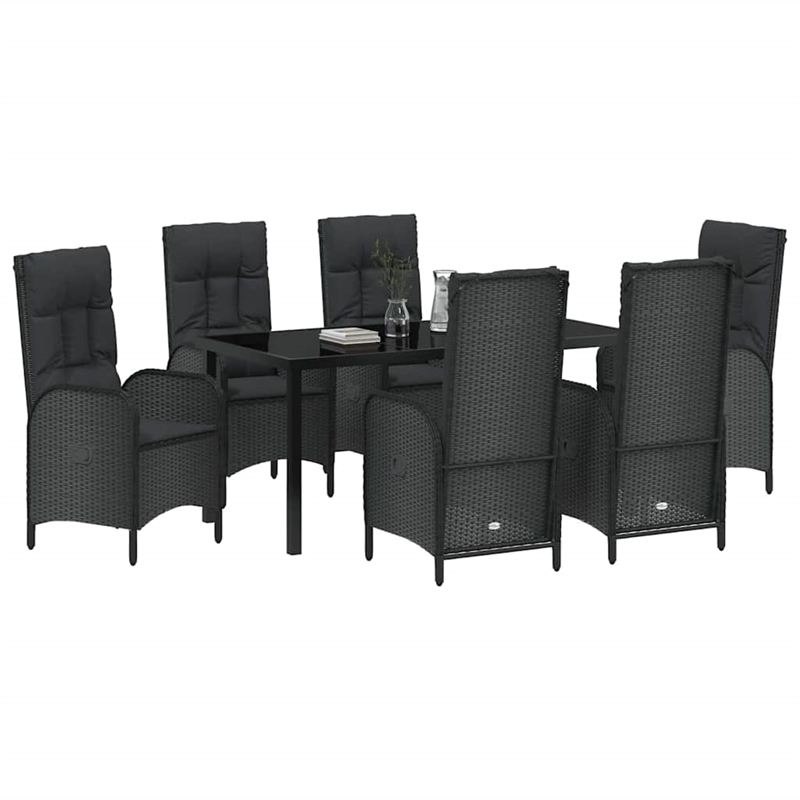 vidaXL 7 Piece Poly Rattan Garden Dining Set with Cushions in Black